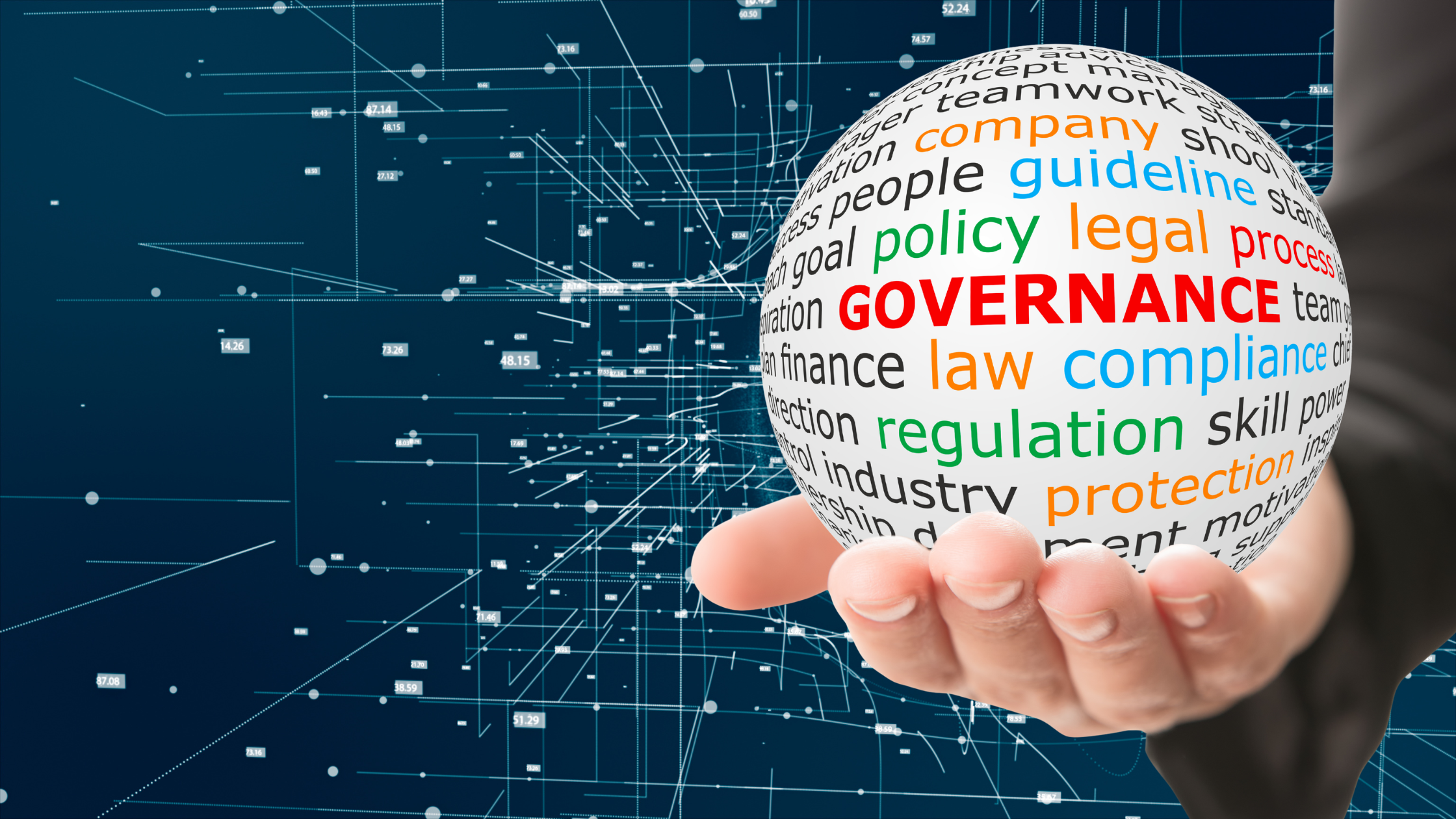 SMB AI Governance Playbook - hand holding globe with governance wordle on a blue tech background